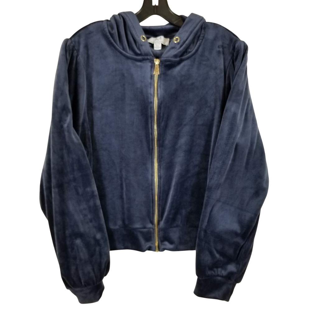 Magaschoni Womens Navy Blue Velour Zip Up Hoodie Sweatshirt XL Goldâ Hardware